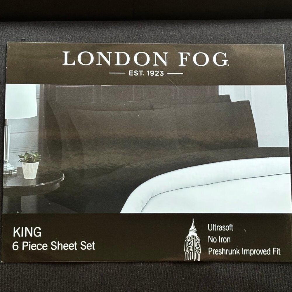 6-pc London Fog KING SIZE Sheet Set SOLID BLACK (2 XTRA PC's)